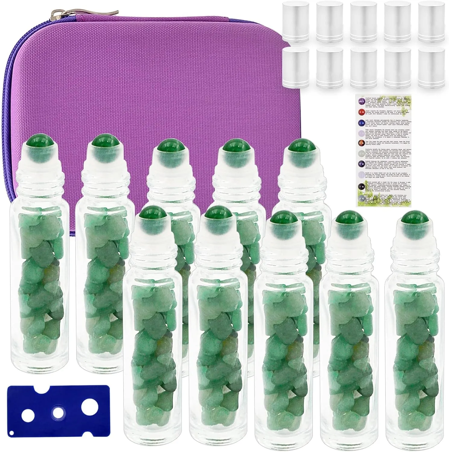 Essential Oil Roller Bottle EVA Carrying Travel Case and 10pcs Essential Oil Gemstone Roller Ball Bottles Frosted Glass Inside 10ml Healing Crystal Chips Feng Shui Roller (Green aventurine)