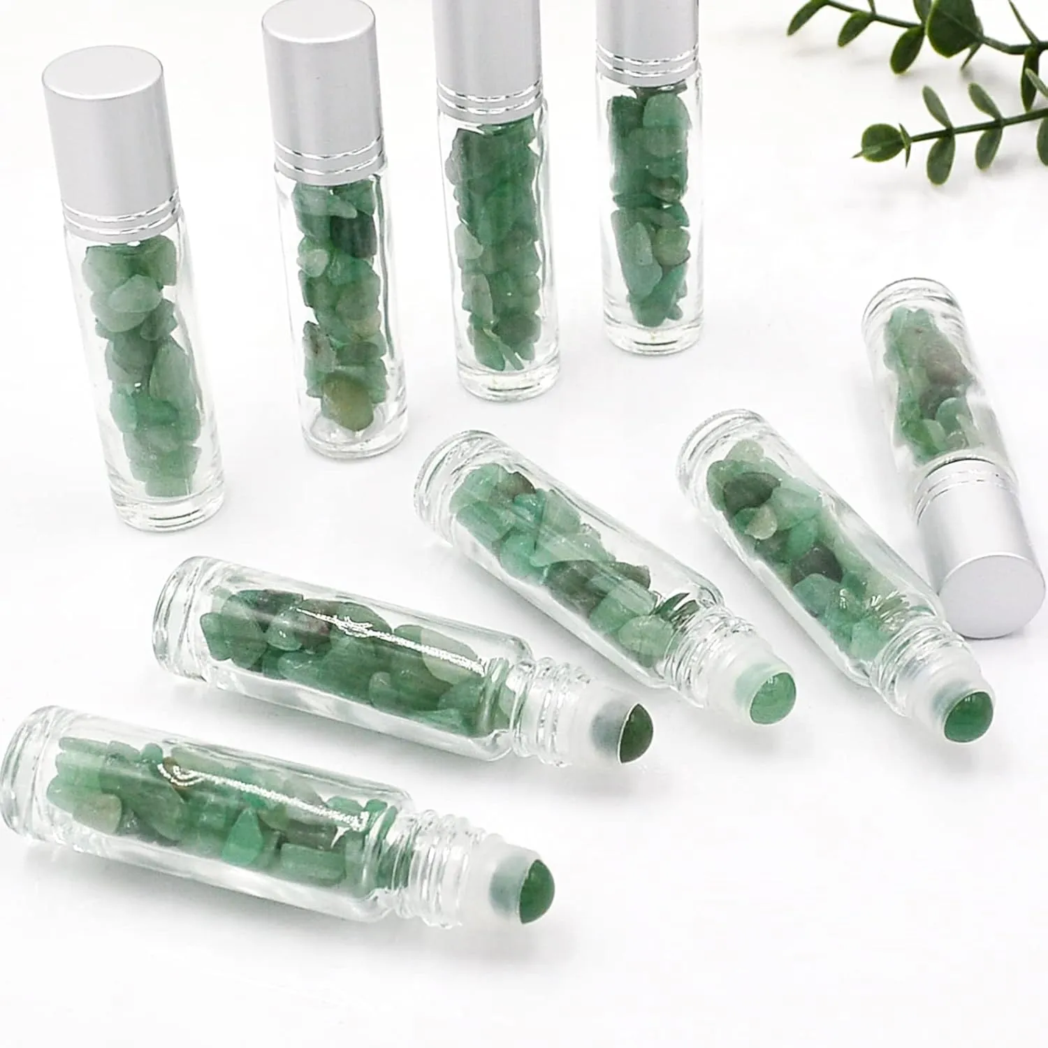 Essential Oil Roller Bottle EVA Carrying Travel Case and 10pcs Essential Oil Gemstone Roller Ball Bottles Frosted Glass Inside 10ml Healing Crystal Chips Feng Shui Roller (Green aventurine)
