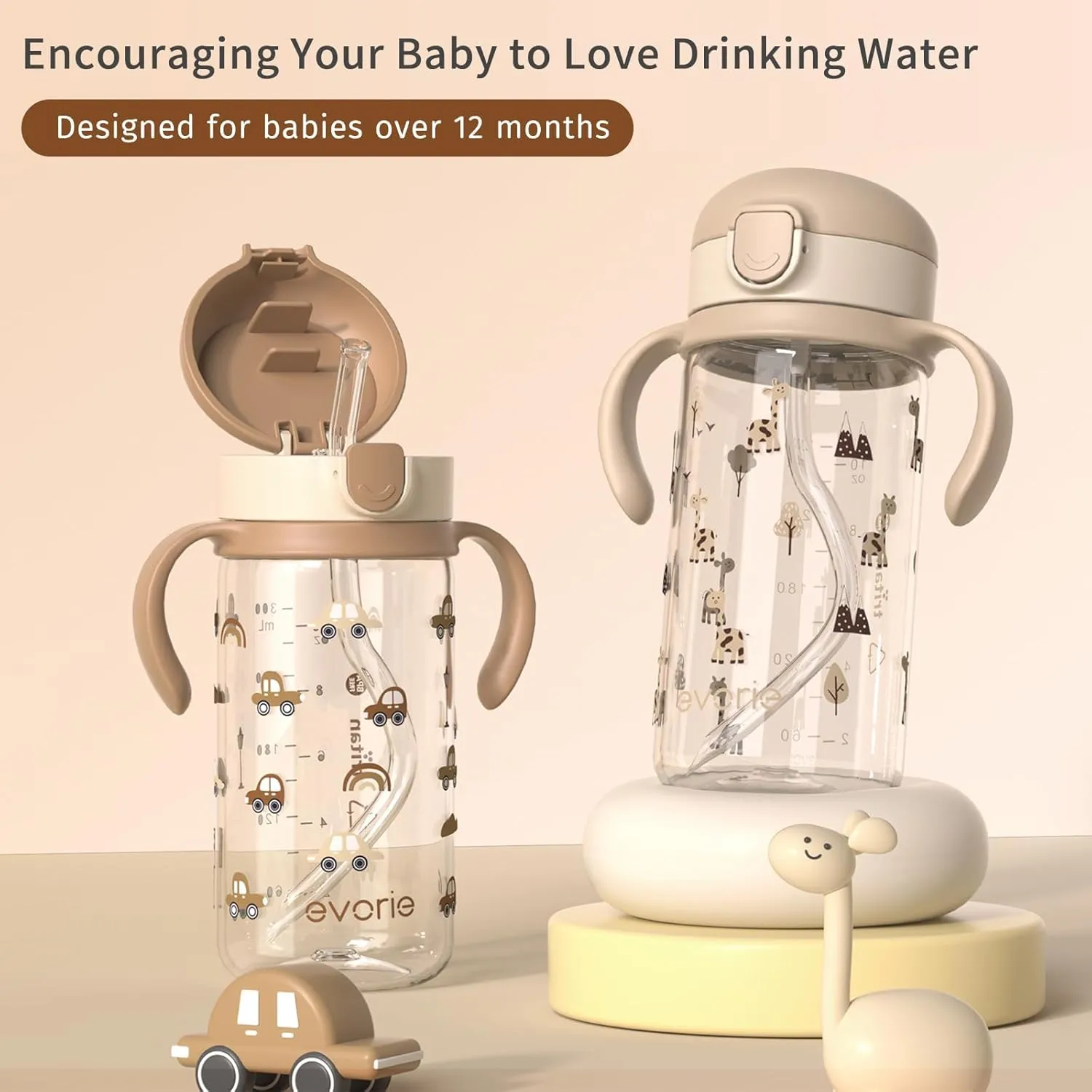 Evorie Tritan Spill Proof Toddler Straw Sippy Cup, 10 oz for Baby and Toddlers 1-3 Years Old, No Spill Straw Water Bottle with Removable Handles, Ideal for School, BPA-Free, Giraffe (NEW)