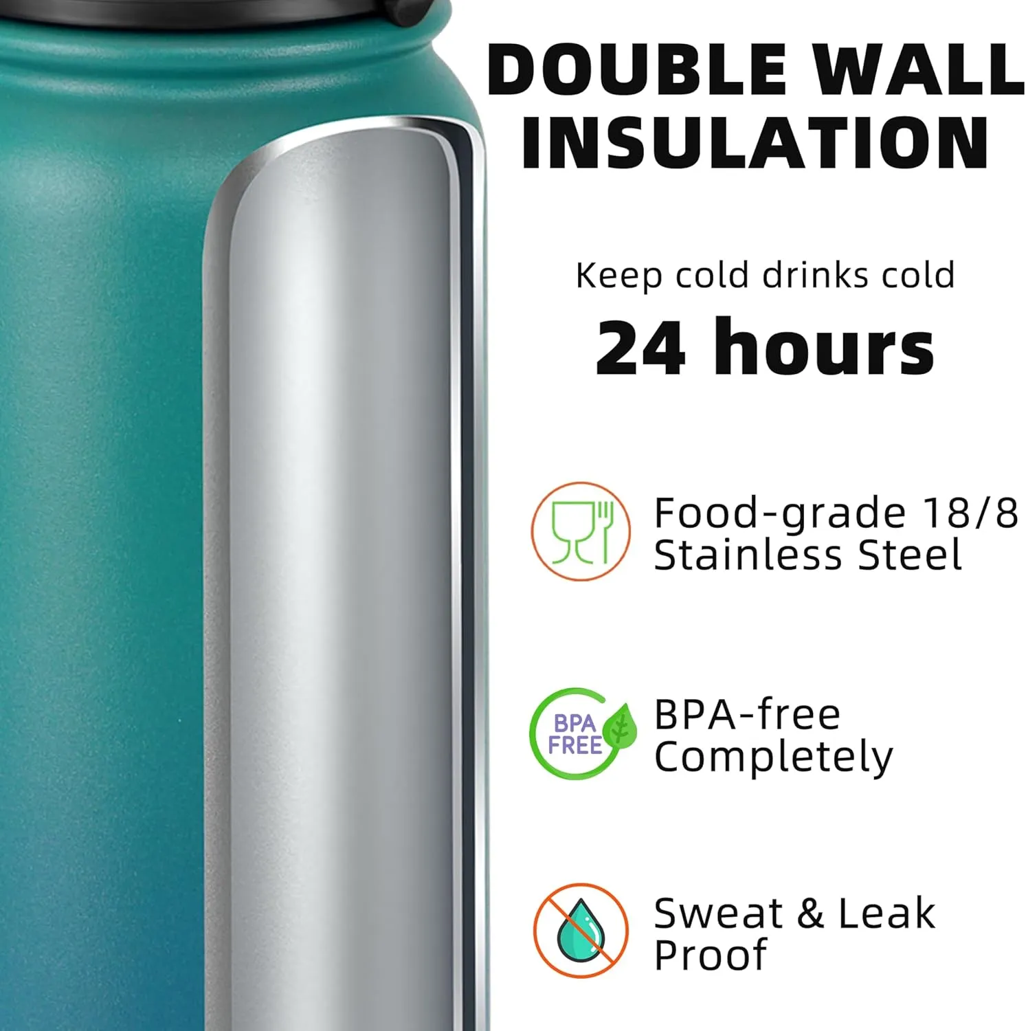 Fanhaw 24 Oz Insulated Stainless Steel Water Bottle - Chug Lid | Leak & Sweat Proof, Anti-Dust | For Kids, Women, Men (Green Blue)