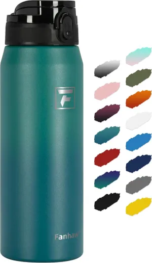 Fanhaw 24 Oz Insulated Stainless Steel Water Bottle - Chug Lid | Leak & Sweat Proof, Anti-Dust | For Kids, Women, Men (Green Blue)