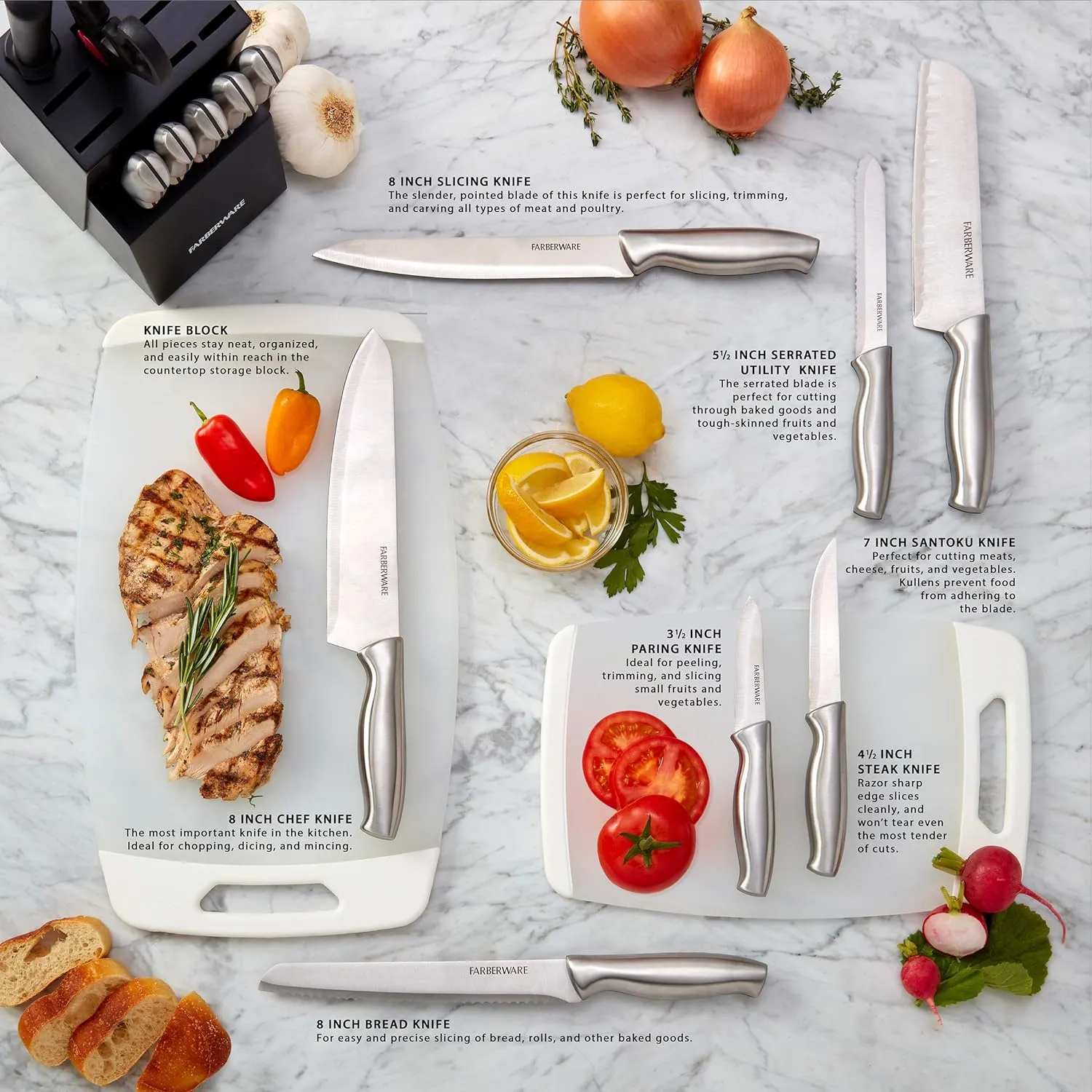 Farberware 15-Piece Stamped Stainless Steel Knife Block Set, High-Carbon Stainless Steel Kitchen Knife Set with Ergonomic Handles, Razor-Sharp Knives with Wood Block, 15-Piece, Black 2