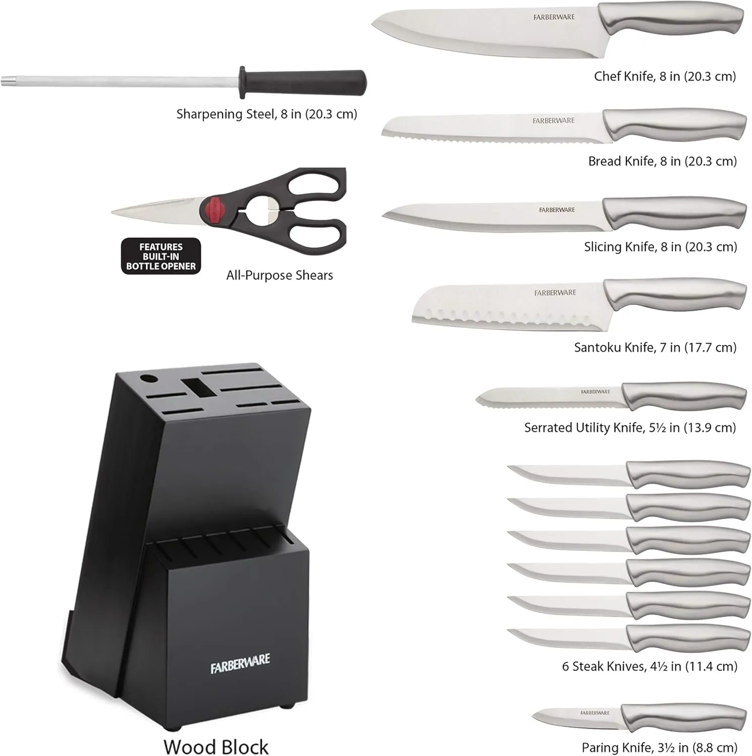 Farberware 15-Piece Stamped Stainless Steel Knife Block Set, High-Carbon Stainless Steel Kitchen Knife Set with Ergonomic Handles, Razor-Sharp Knives with Wood Block, 15-Piece, Black 2