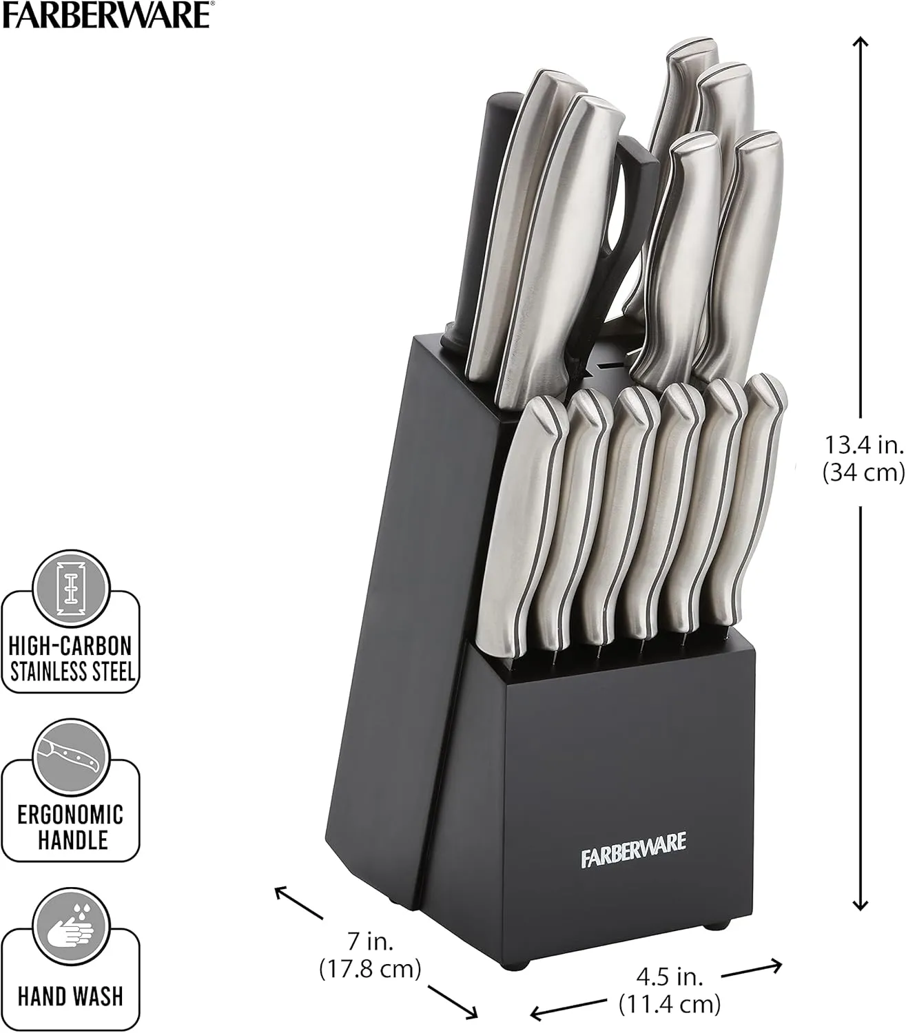 Farberware 15-Piece Stamped Stainless Steel Knife Block Set, High-Carbon Stainless Steel Kitchen Knife Set with Ergonomic Handles, Razor-Sharp Knives with Wood Block, 15-Piece, Black 2