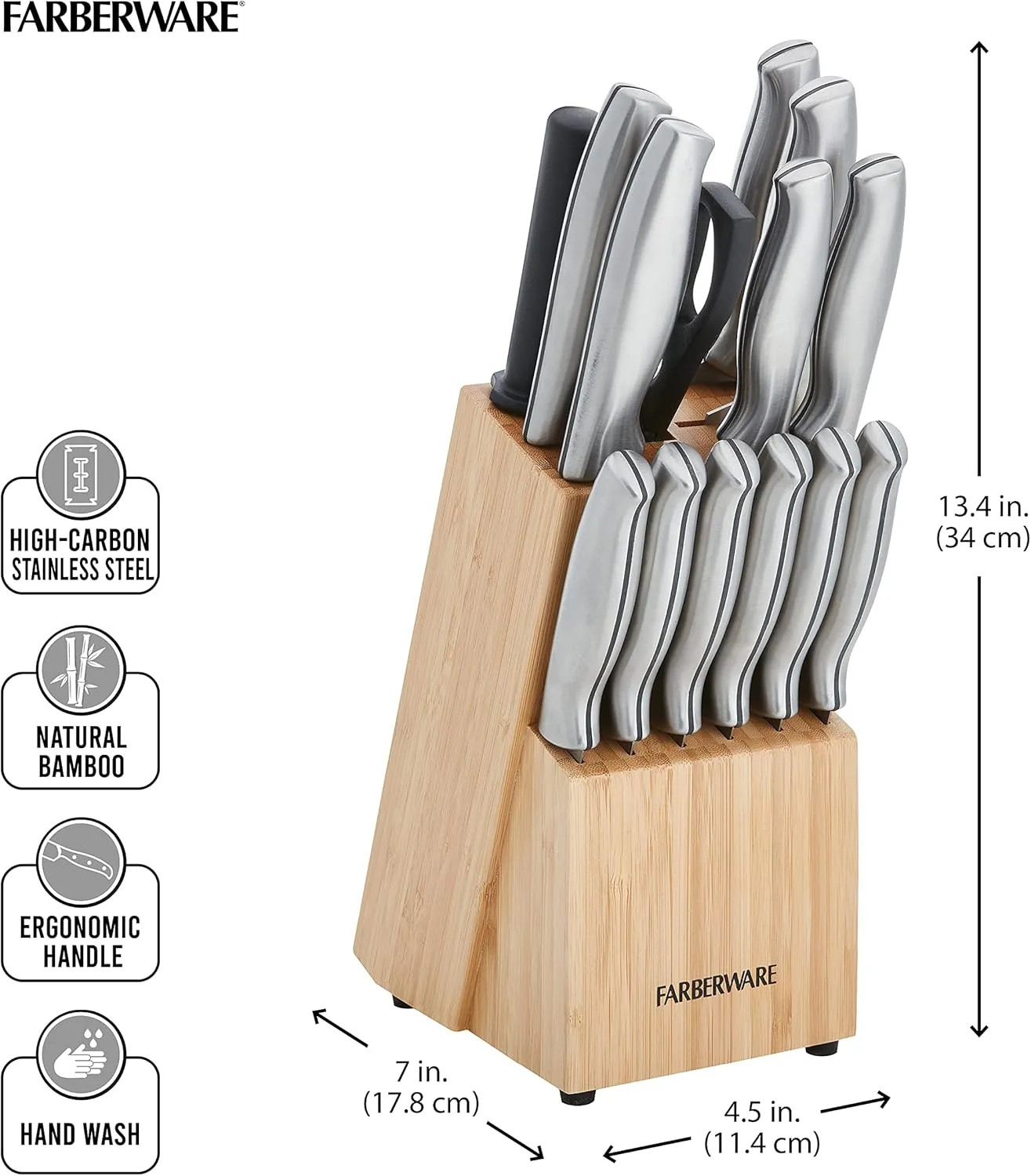 Farberware 15-Piece Stamped Stainless Steel Knife Block Set, High-Carbon Stainless Steel Kitchen Knife Set with Ergonomic Handles, Razor-Sharp Knives with Wood Block, 15-Piece Set, Bamboo
