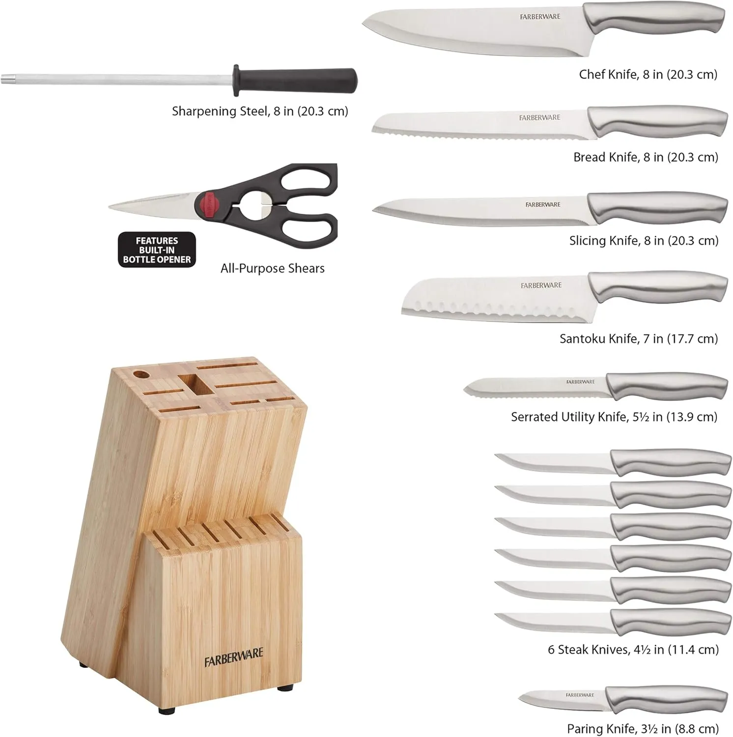 Farberware 15-Piece Stamped Stainless Steel Knife Block Set, High-Carbon Stainless Steel Kitchen Knife Set with Ergonomic Handles, Razor-Sharp Knives with Wood Block, 15-Piece Set, Bamboo