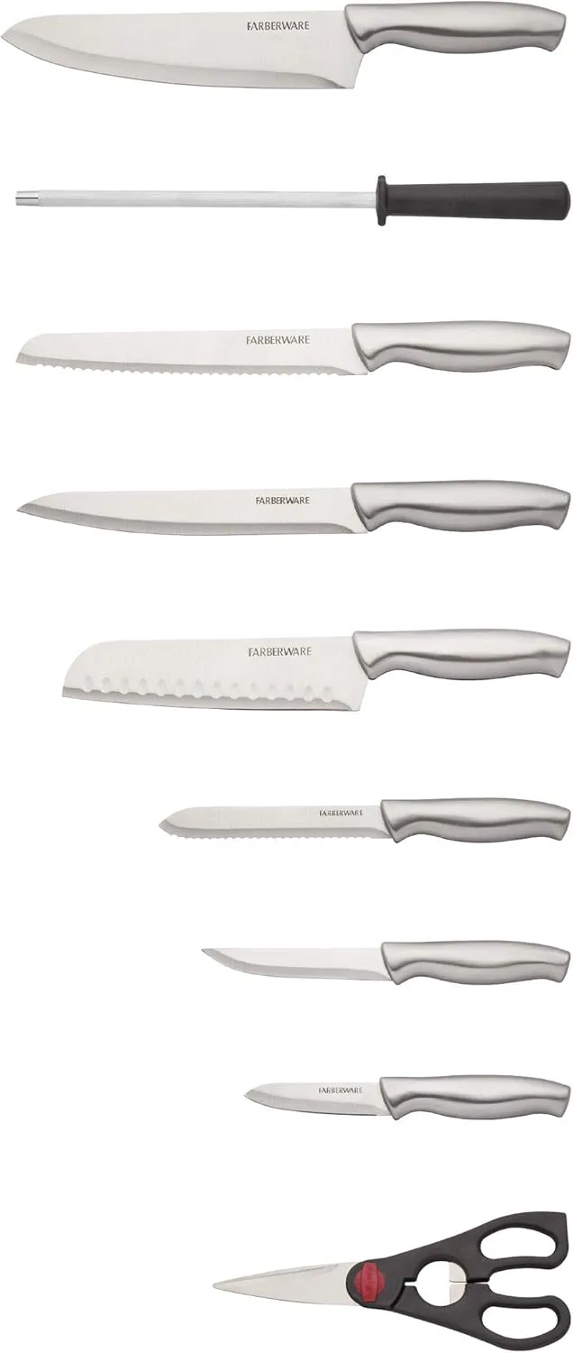 Farberware 15-Piece Stamped Stainless Steel Knife Block Set, High-Carbon Stainless Steel Kitchen Knife Set with Ergonomic Handles, Razor-Sharp Knives with Wood Block, 15-Piece Set, Bamboo