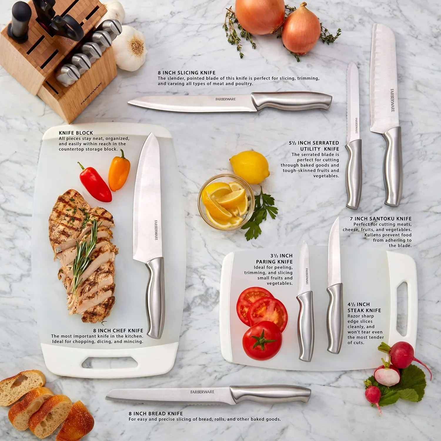 Farberware 15-Piece Stamped Stainless Steel Knife Block Set, High-Carbon Stainless Steel Kitchen Knife Set with Ergonomic Handles, Razor-Sharp Knives with Wood Block, 15-Piece Set, Bamboo