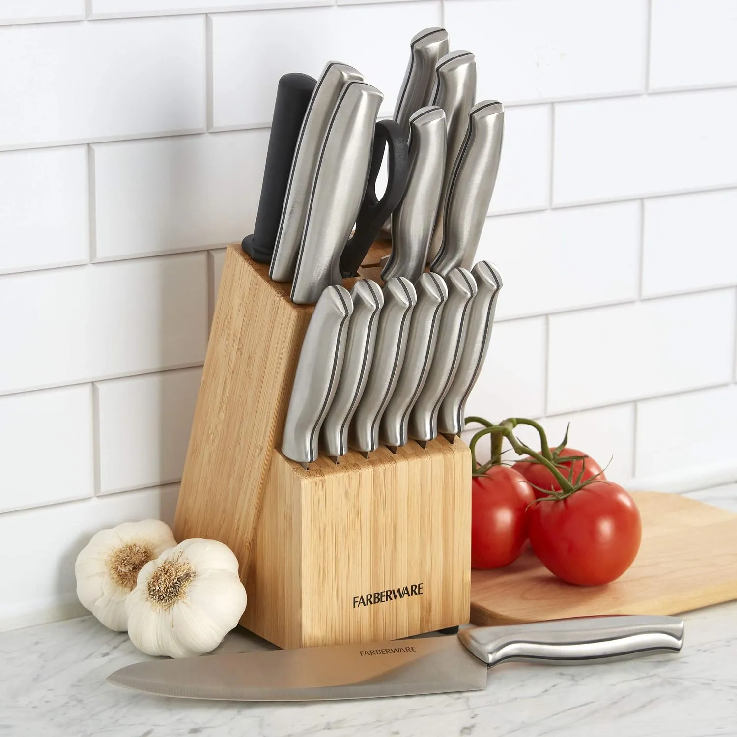 Farberware 15-Piece Stamped Stainless Steel Knife Block Set, High-Carbon Stainless Steel Kitchen Knife Set with Ergonomic Handles, Razor-Sharp Knives with Wood Block, 15-Piece Set, Bamboo