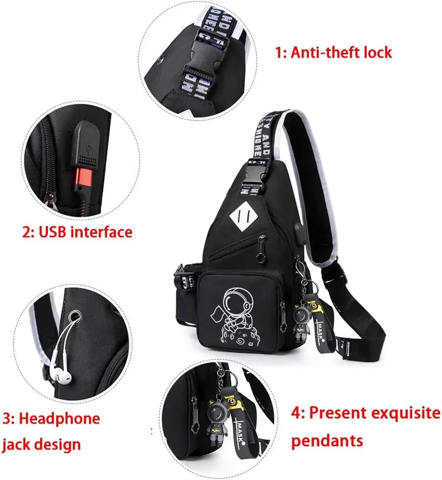 Fashion One-Shoulder Backpack Youth Leisure Backpack With USB Port Earphone Hole, Cartoon Luminous Pattern