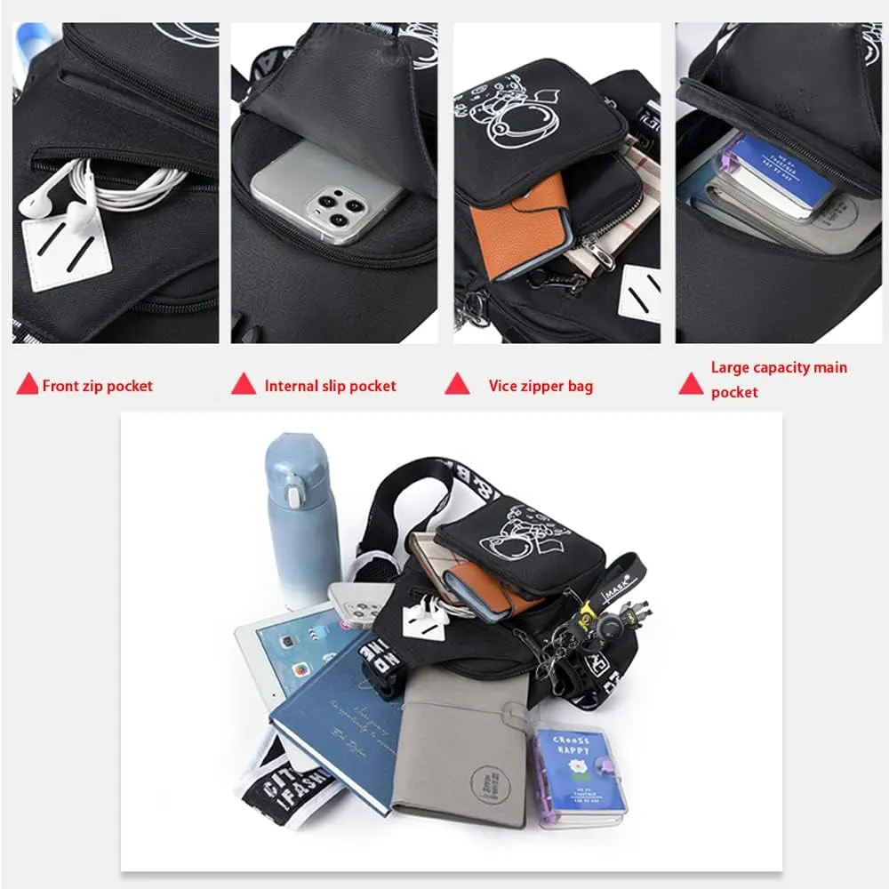 Fashion One-Shoulder Backpack Youth Leisure Backpack With USB Port Earphone Hole, Cartoon Luminous Pattern