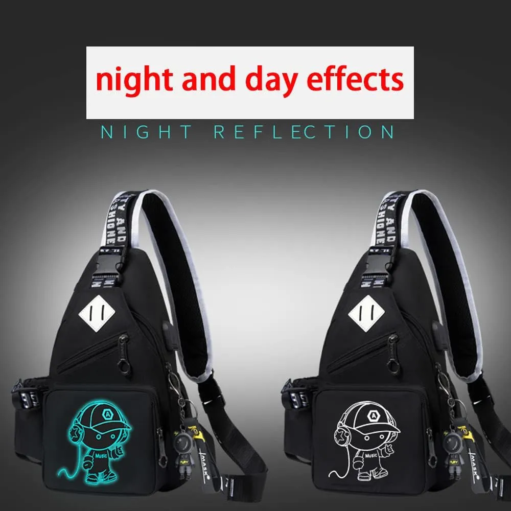 Fashion One-Shoulder Backpack Youth Leisure Backpack With USB Port Earphone Hole, Cartoon Luminous Pattern