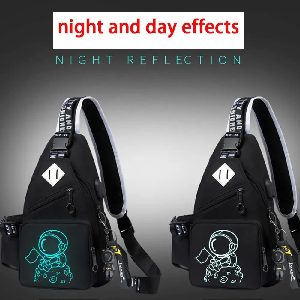 Fashion One-Shoulder Backpack Youth Leisure Backpack With USB Port Earphone Hole, Cartoon Luminous Pattern
