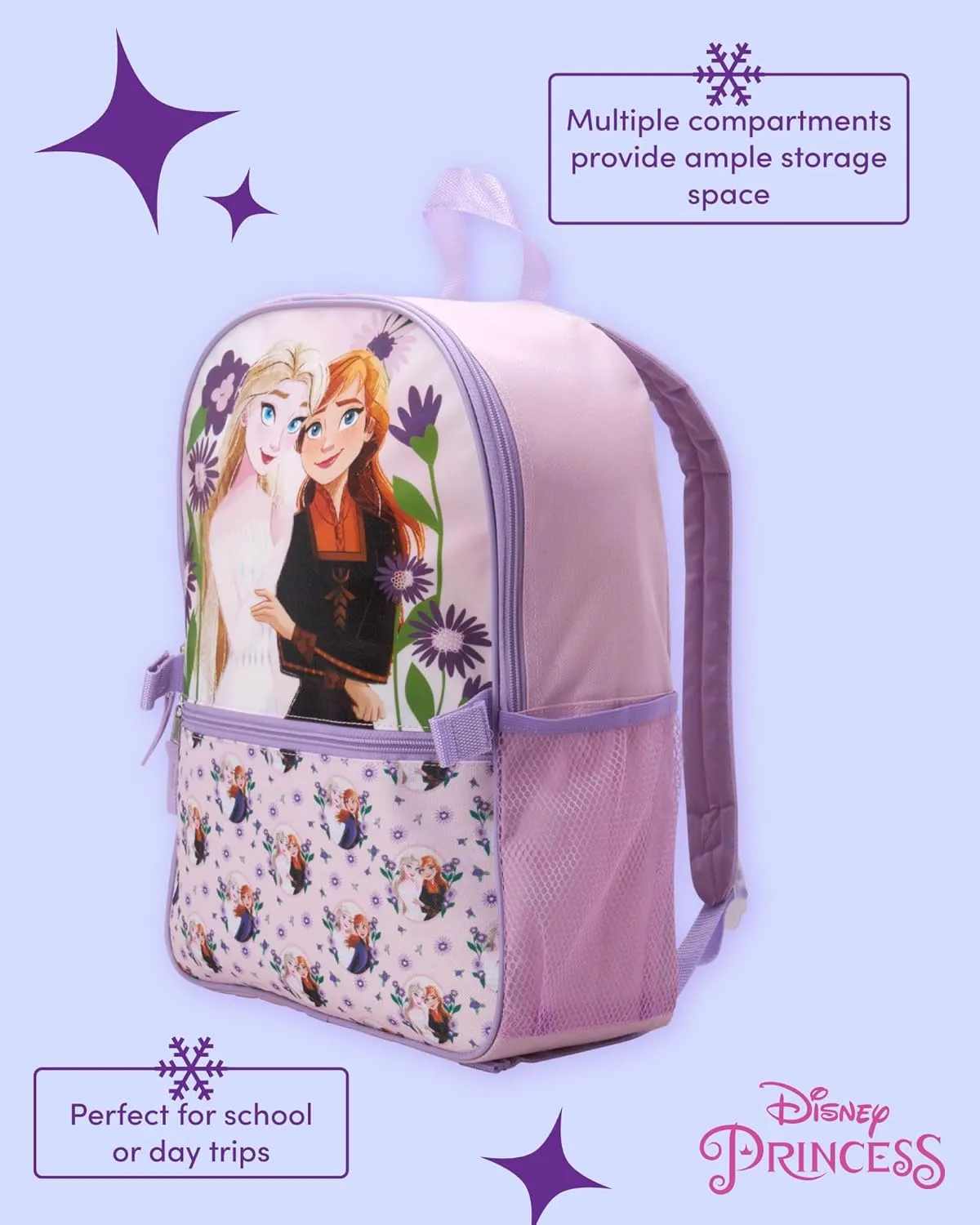 Fast Forward Kids Backpack - Disney Frozen Spider-Man Paw Patrol - 15" School Bookbag with Lunch Box for Boys and Girls, Size One Size, Frozen Lavender