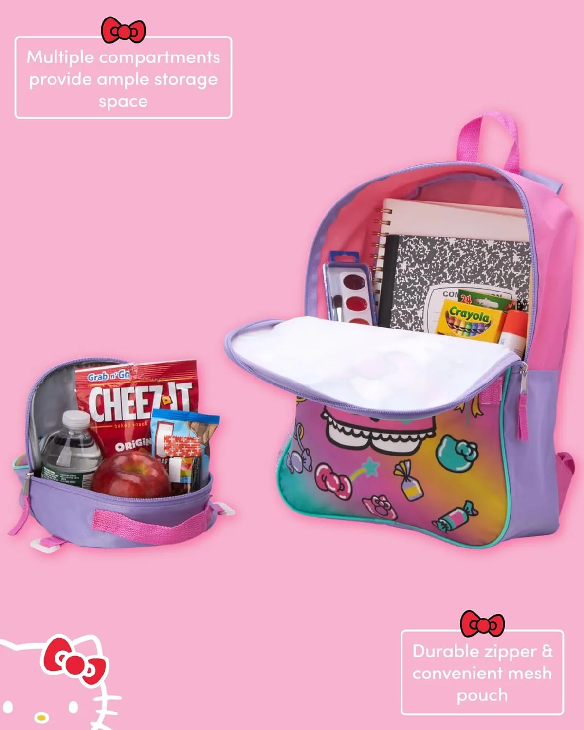 Fast Forward Kids Backpack - Disney Frozen Spider-Man Paw Patrol - 15" School Bookbag with Lunch Box for Boys and Girls, Size One Size, Hello Kitty Pastel