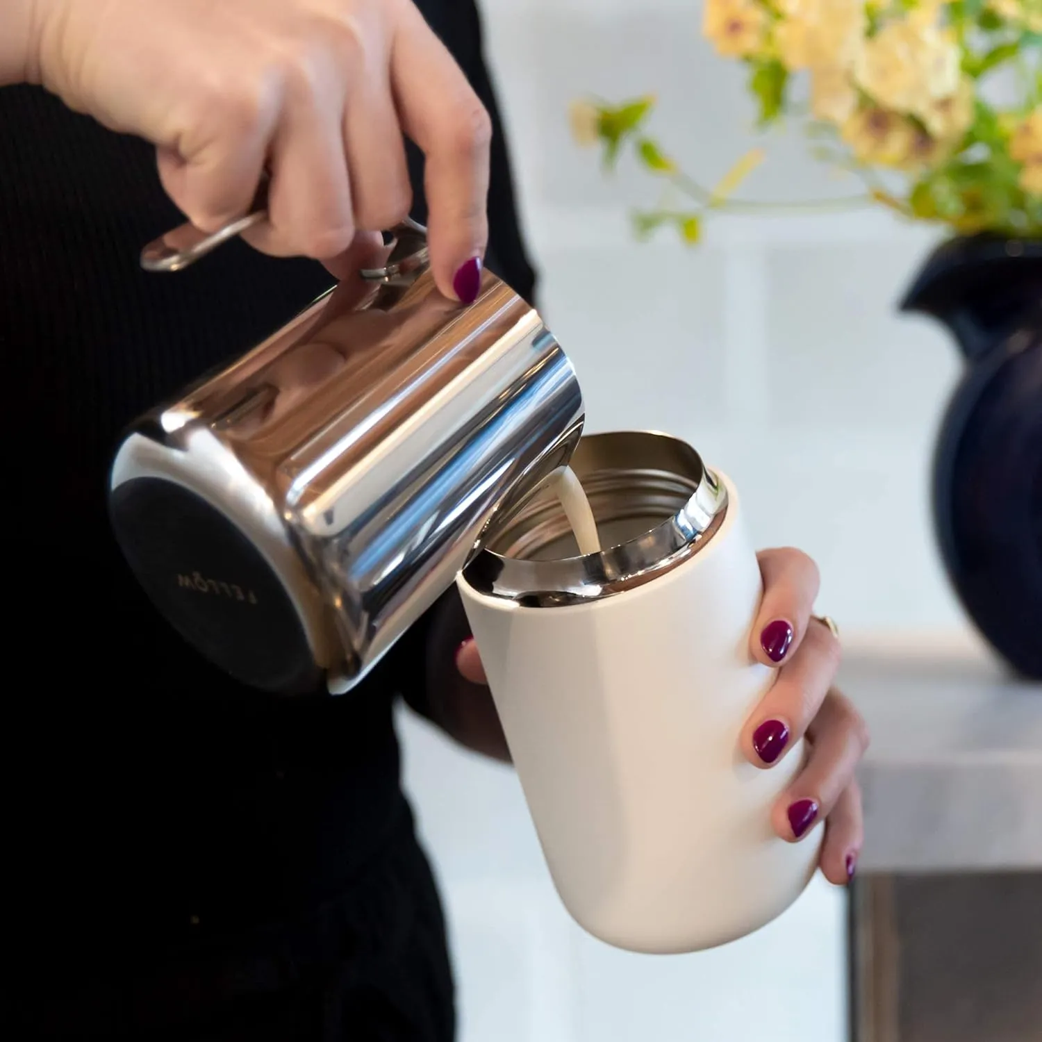 Fellow 16 oz Carter Wide Travel Mug - Wide Mouth Vacuum-Insulated Stainless Steel - Tea and Coffee Tumbler - Travel Coffee Mug with Ceramic Interior - Matte White