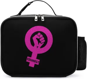 Feminist Female Power Insulated Cooler Leather Lunch Bag Meal Tote Handbags with Adjustable Handle Strap Side Pocket