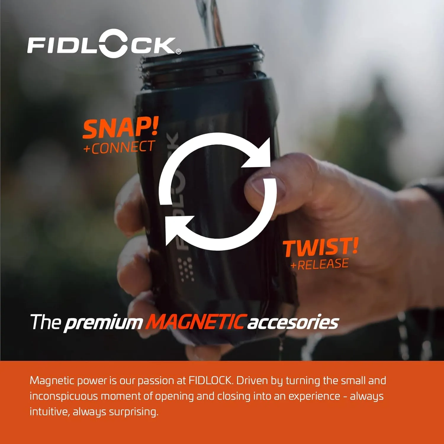 FIDLOCK Twist Bottle 450ml/15oz   Base Systems | New Leak-Proof, Self-Sealing Bottle Cap | Bike Water Bottle Holder with No Screws & Attached Bottle | Cage Free Magnetic Rack | Black