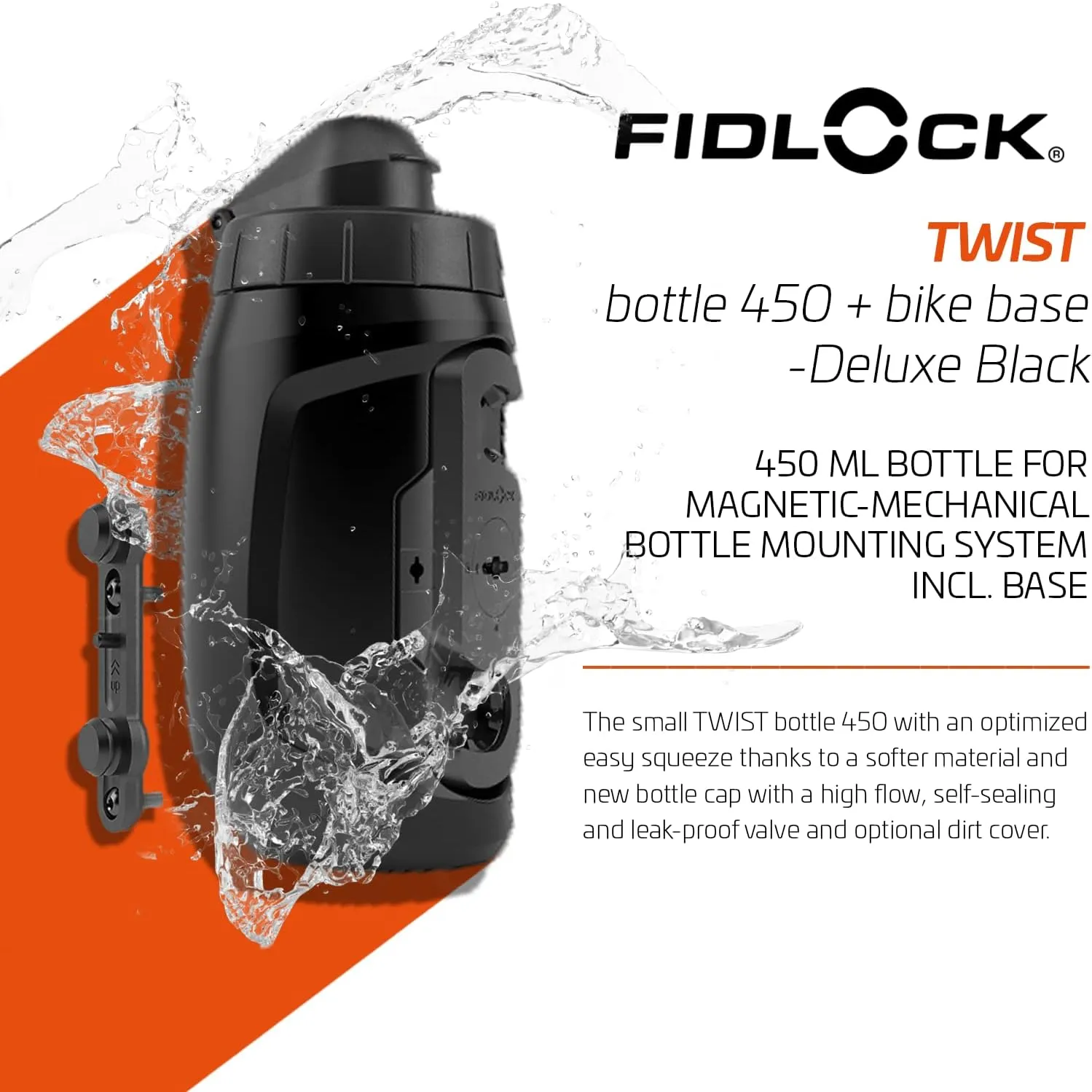 FIDLOCK Twist Bottle 450ml/15oz   Base Systems | New Leak-Proof, Self-Sealing Bottle Cap | Bike Water Bottle Holder with No Screws & Attached Bottle | Cage Free Magnetic Rack | Black