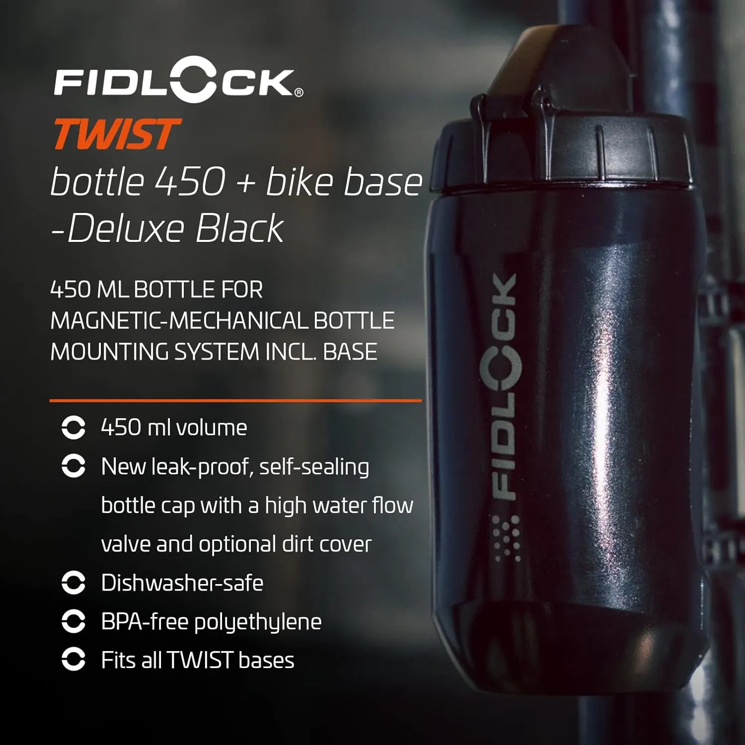 FIDLOCK Twist Bottle 450ml/15oz   Base Systems | New Leak-Proof, Self-Sealing Bottle Cap | Bike Water Bottle Holder with No Screws & Attached Bottle | Cage Free Magnetic Rack | Black