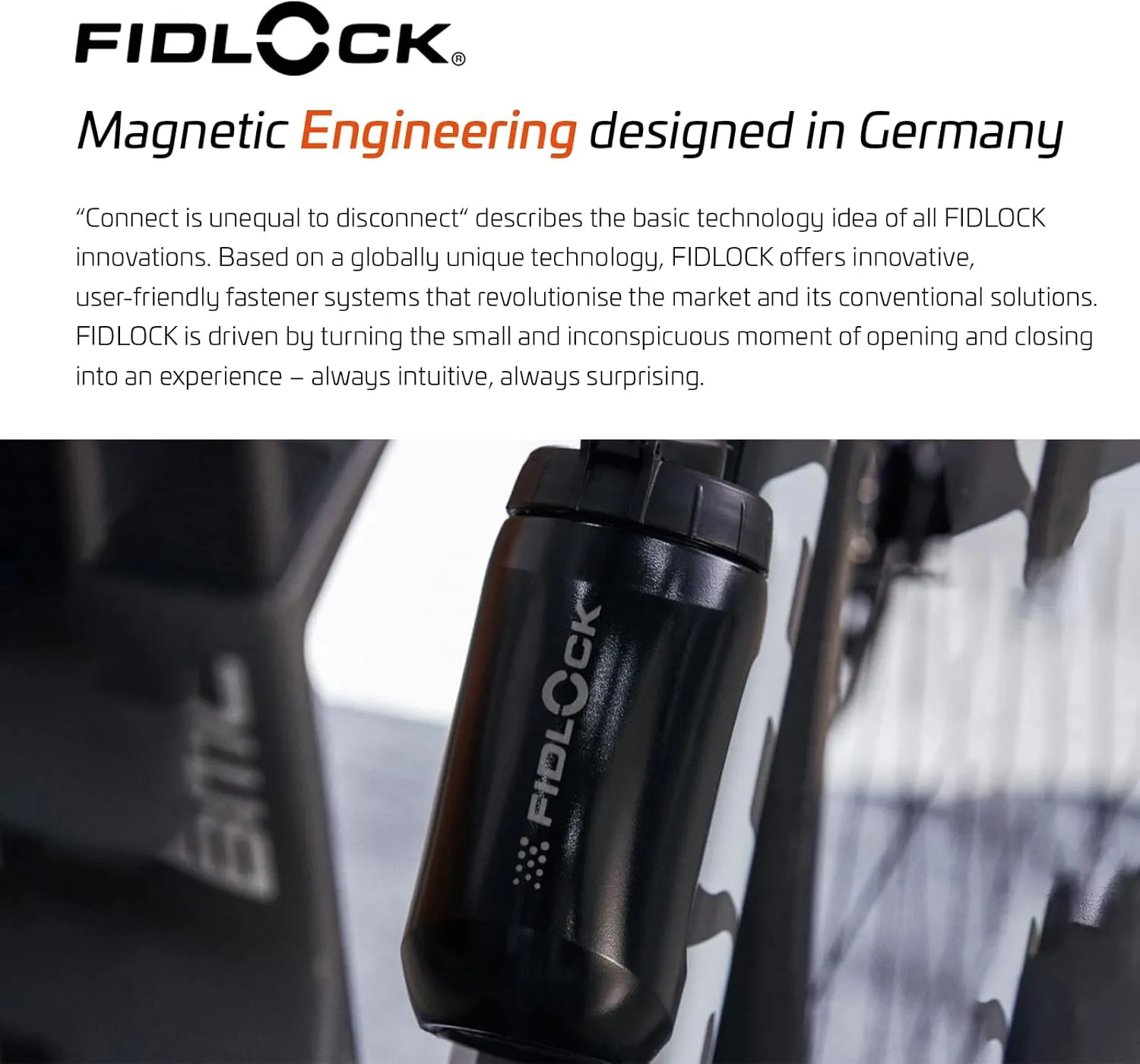 FIDLOCK Twist Bottle 450ml/15oz   Base Systems | New Leak-Proof, Self-Sealing Bottle Cap | Bike Water Bottle Holder with No Screws & Attached Bottle | Cage Free Magnetic Rack | Black