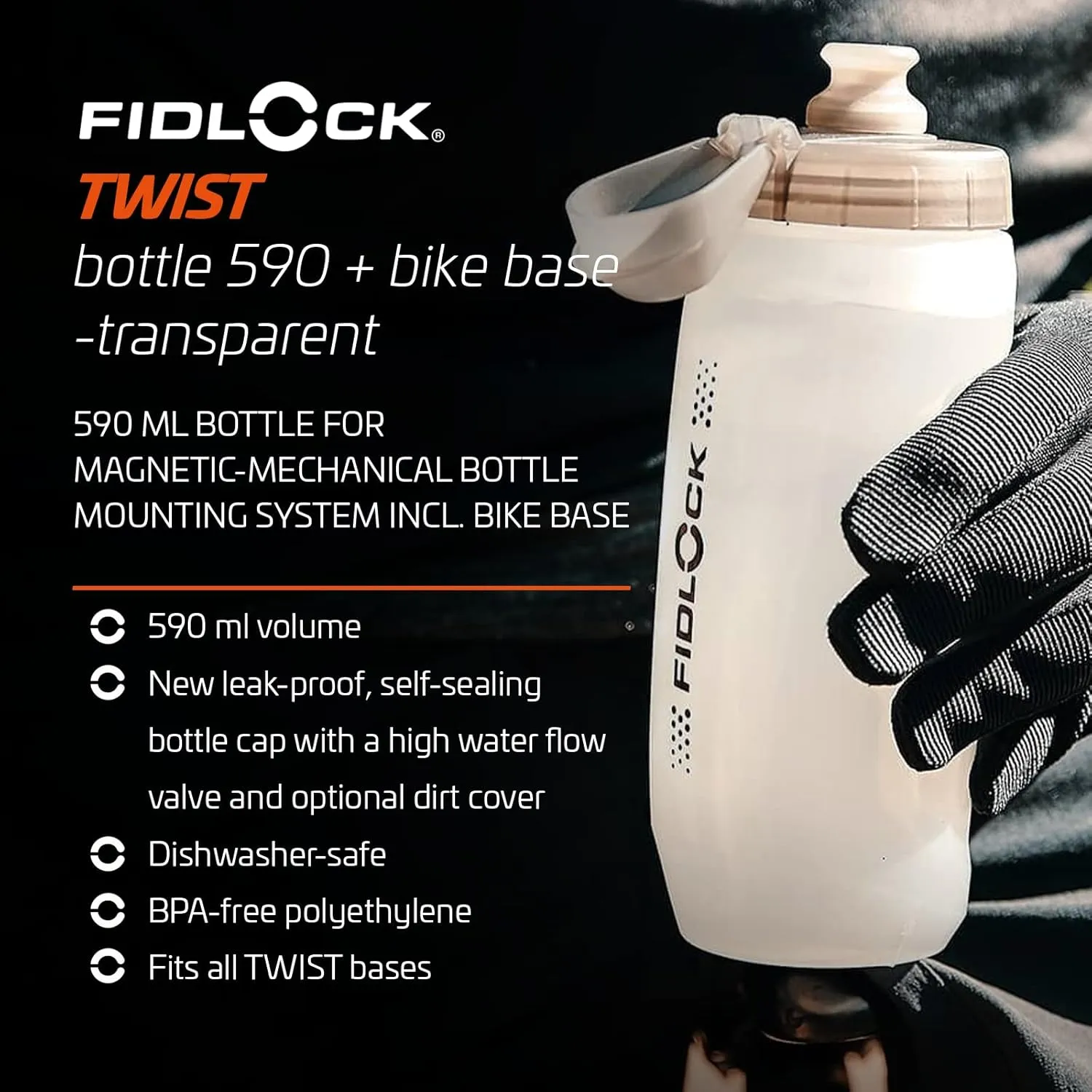 FIDLOCK Twist Bottle 590ml/20oz   Base Systems | New Leak-Proof, Self-Sealing Bottle Cap | Bike Water Bottle Holder with No Screws & Attached Bottle | Cage Free Magnetic Rack | Clear