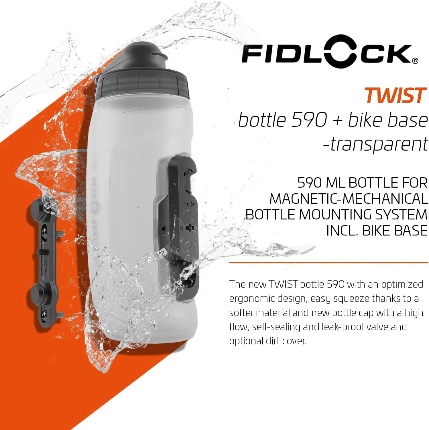 FIDLOCK Twist Bottle 590ml/20oz   Base Systems | New Leak-Proof, Self-Sealing Bottle Cap | Bike Water Bottle Holder with No Screws & Attached Bottle | Cage Free Magnetic Rack | Clear