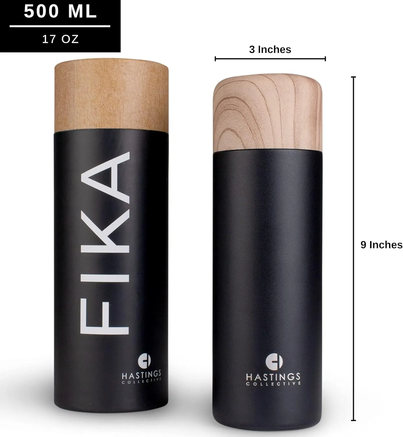 FIKA Slim Coffee Travel Mug Tumbler - Stainless Steel Vacuum Insulated Thermos Cup with Spill Proof Lid, 17oz (500ml) (Black)