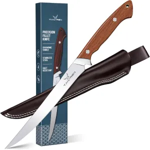 Fillet Knife for Fish 9 Inch, Professional Stainless Steel Fishing Knives with Sheath for Filleting and Cleaning, Full Tang Filet Knife for Meat with Ergonomic Wood Handle, Father's Day Gift