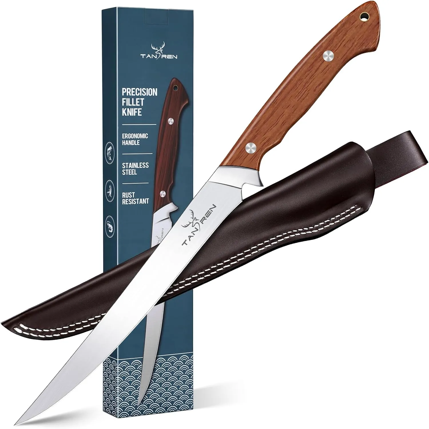 Fillet Knife for Fish 9 Inch, Professional Stainless Steel Fishing Knives with Sheath for Filleting and Cleaning, Full Tang Filet Knife for Meat with Ergonomic Wood Handle, Father's Day Gift