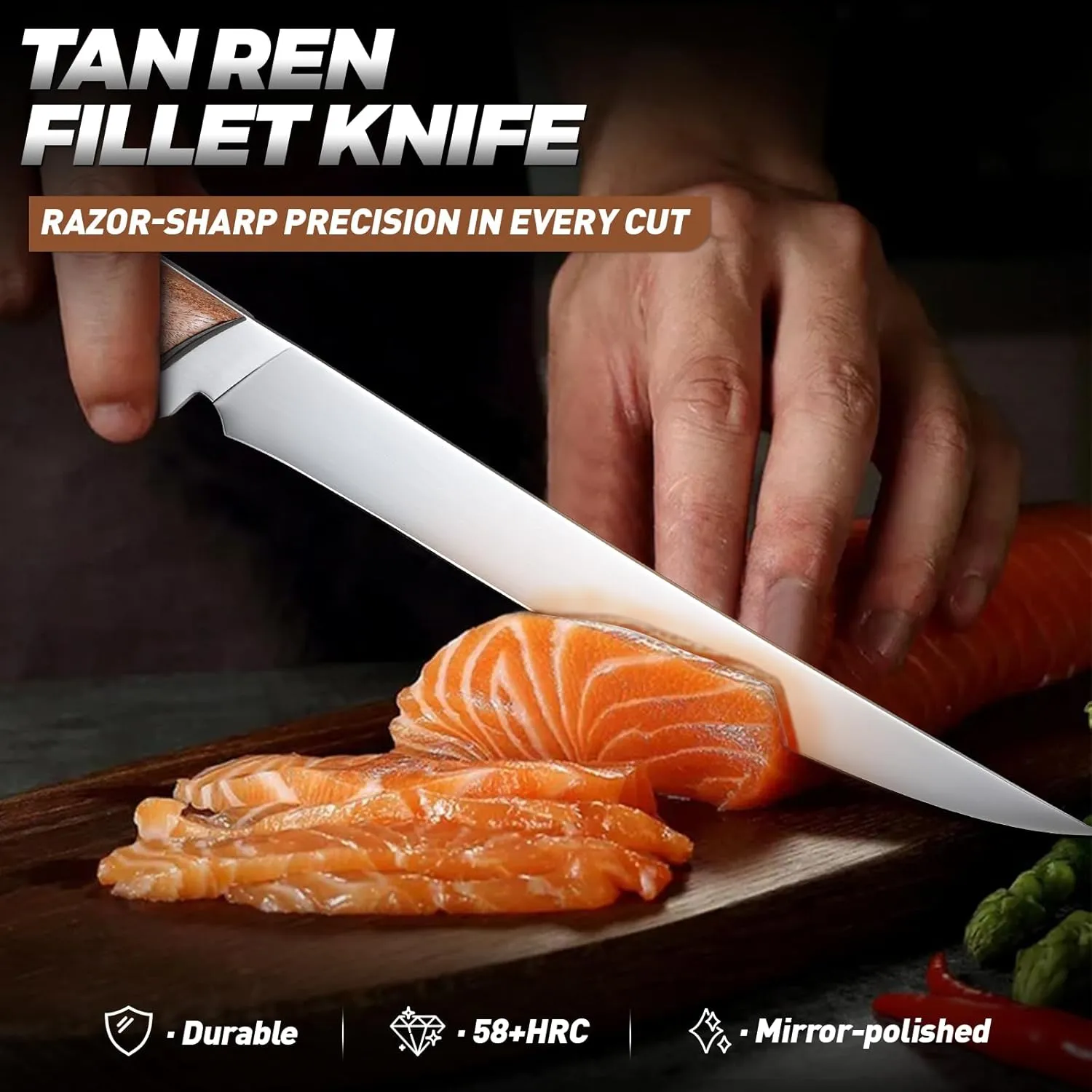 Fillet Knife for Fish 9 Inch, Professional Stainless Steel Fishing Knives with Sheath for Filleting and Cleaning, Full Tang Filet Knife for Meat with Ergonomic Wood Handle, Father's Day Gift