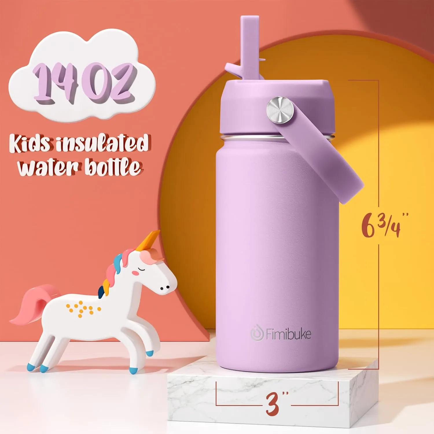 Fimibuke Kids Insulated Water Bottle, 14oz BPA FREE Double Wall Vacuum Tumbler 18/8 Stainless Steel Leak Proof Kids Cups with Straw Metal Water Bottle for School Boys Girls (2 Pack, Milky Pastel)