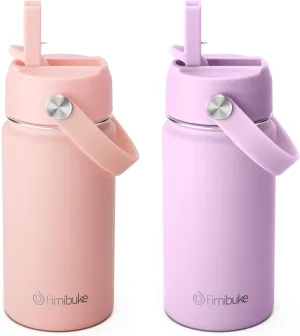 Fimibuke Kids Insulated Water Bottle, 14oz BPA FREE Double Wall Vacuum Tumbler 18/8 Stainless Steel Leak Proof Kids Cups with Straw Metal Water Bottle for School Boys Girls (2 Pack, Milky Pastel)