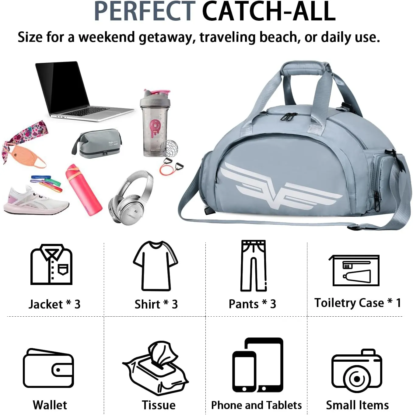 FIORETTO 30L Sports Gym Duffle Bag with Wet Pocket & Shoe Compartment, Weekender Hospital Overnight Bag for Women, Sports Holdall Backpack