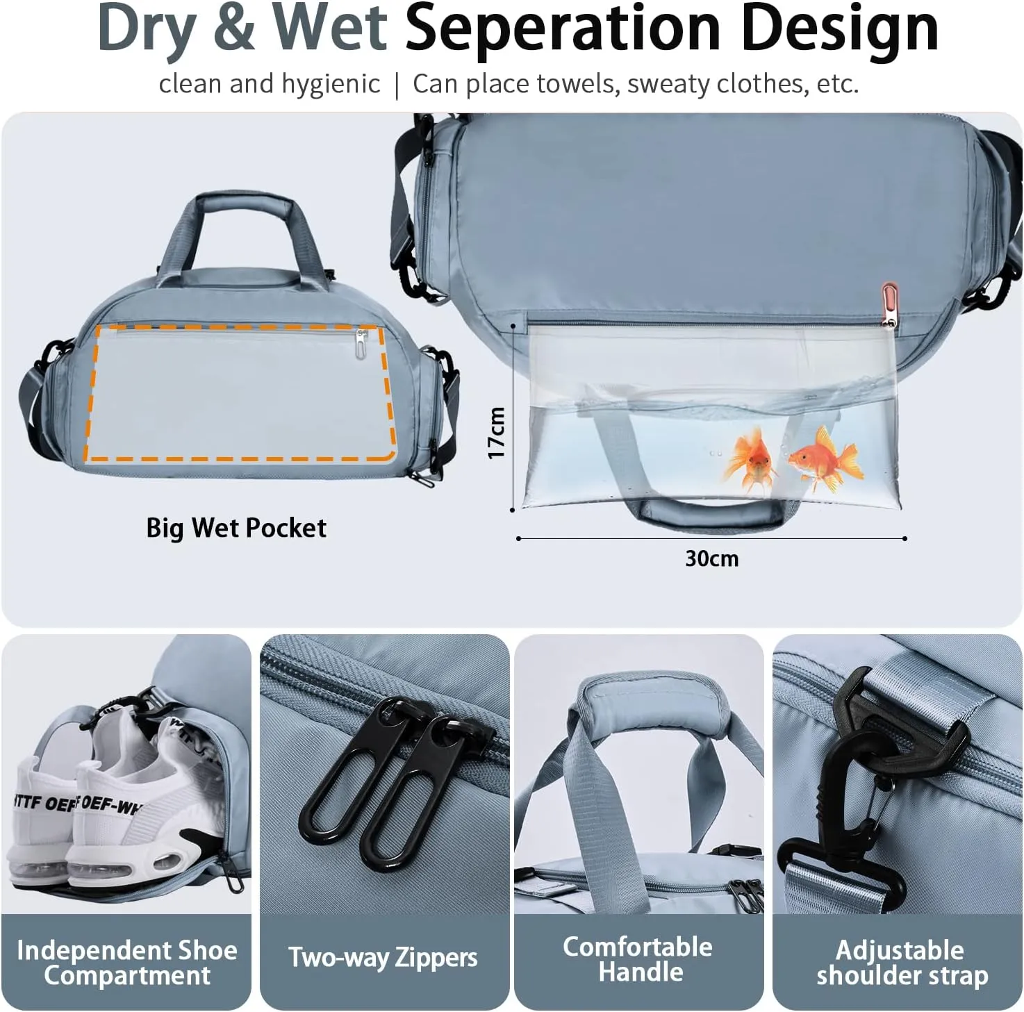 FIORETTO 30L Sports Gym Duffle Bag with Wet Pocket & Shoe Compartment, Weekender Hospital Overnight Bag for Women, Sports Holdall Backpack