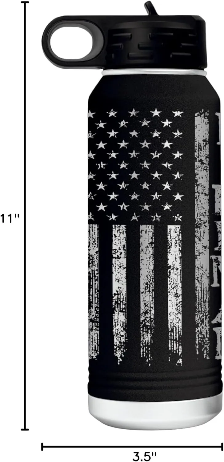 Firefighter 32 Ounce American Flag Double Walled Stainless Steel Insulated 32oz Water Bottle – Full 360 Degree Engraving – Engraved in USA Fireman Gift