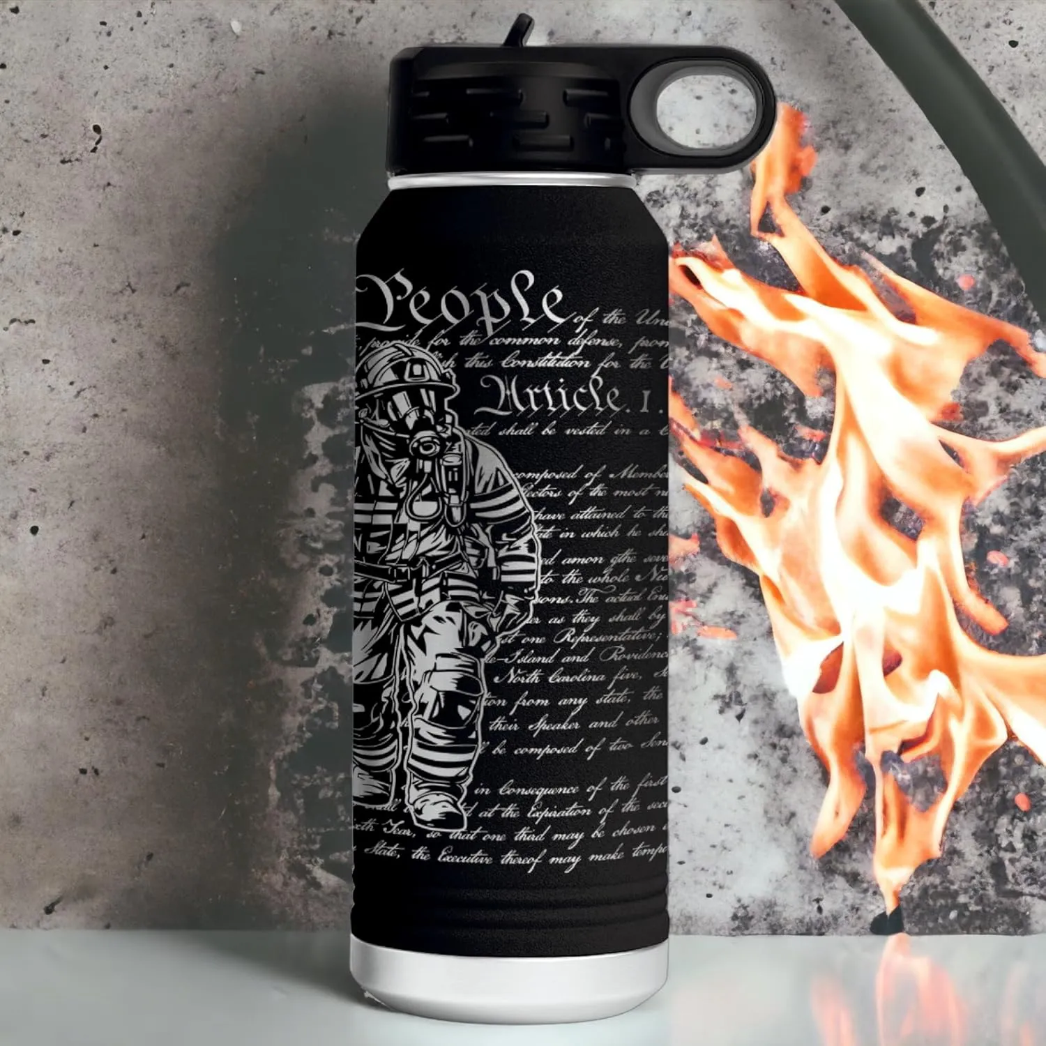 Firefighter 32 Ounce American Flag Double Walled Stainless Steel Insulated 32oz Water Bottle – Full 360 Degree Engraving – Engraved in USA Fireman Gift
