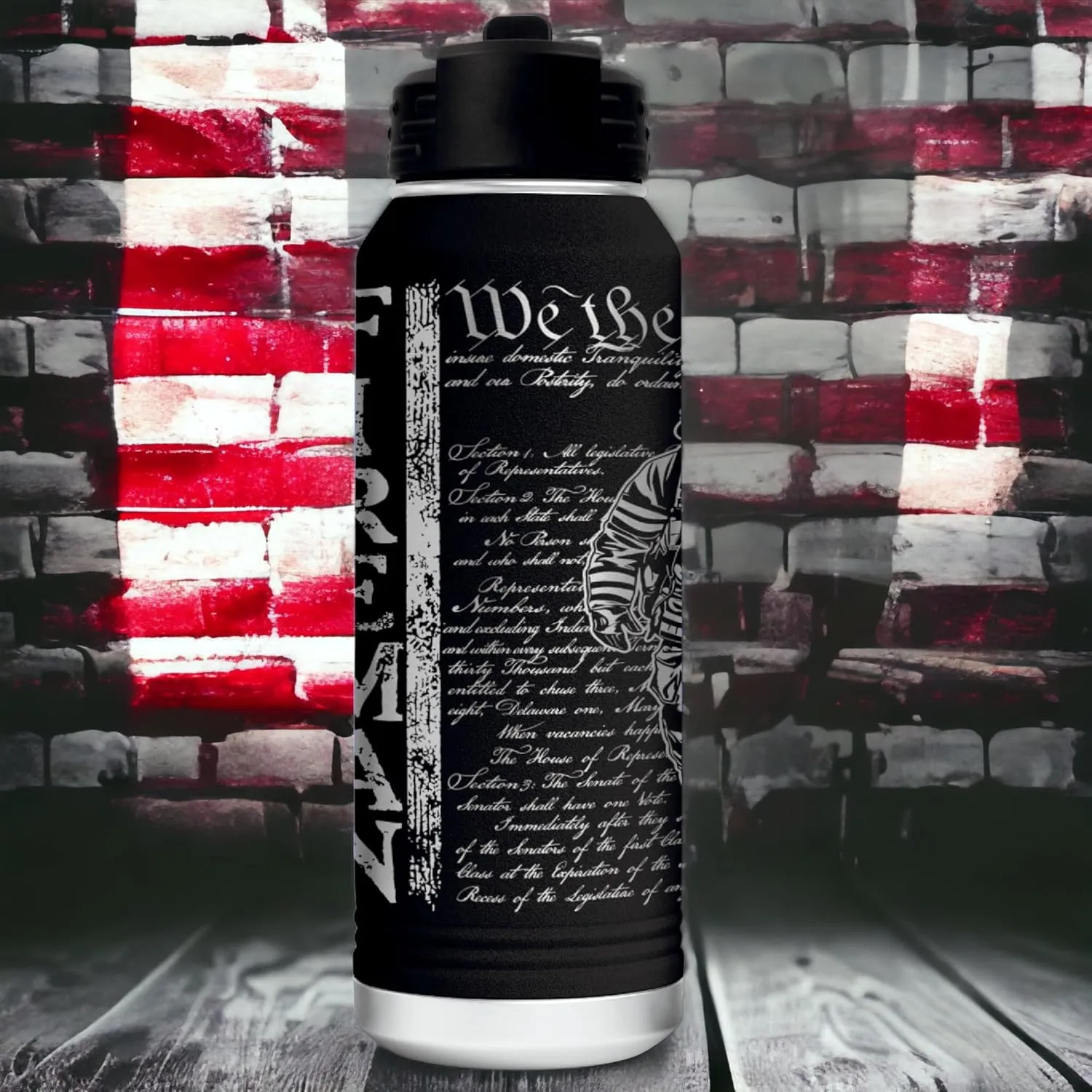 Firefighter 32 Ounce American Flag Double Walled Stainless Steel Insulated 32oz Water Bottle – Full 360 Degree Engraving – Engraved in USA Fireman Gift
