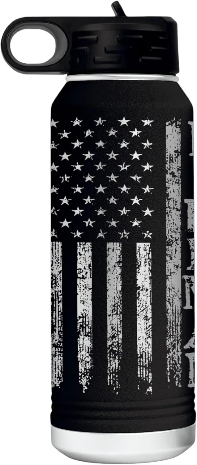 Firefighter 32 Ounce American Flag Double Walled Stainless Steel Insulated 32oz Water Bottle – Full 360 Degree Engraving – Engraved in USA Fireman Gift