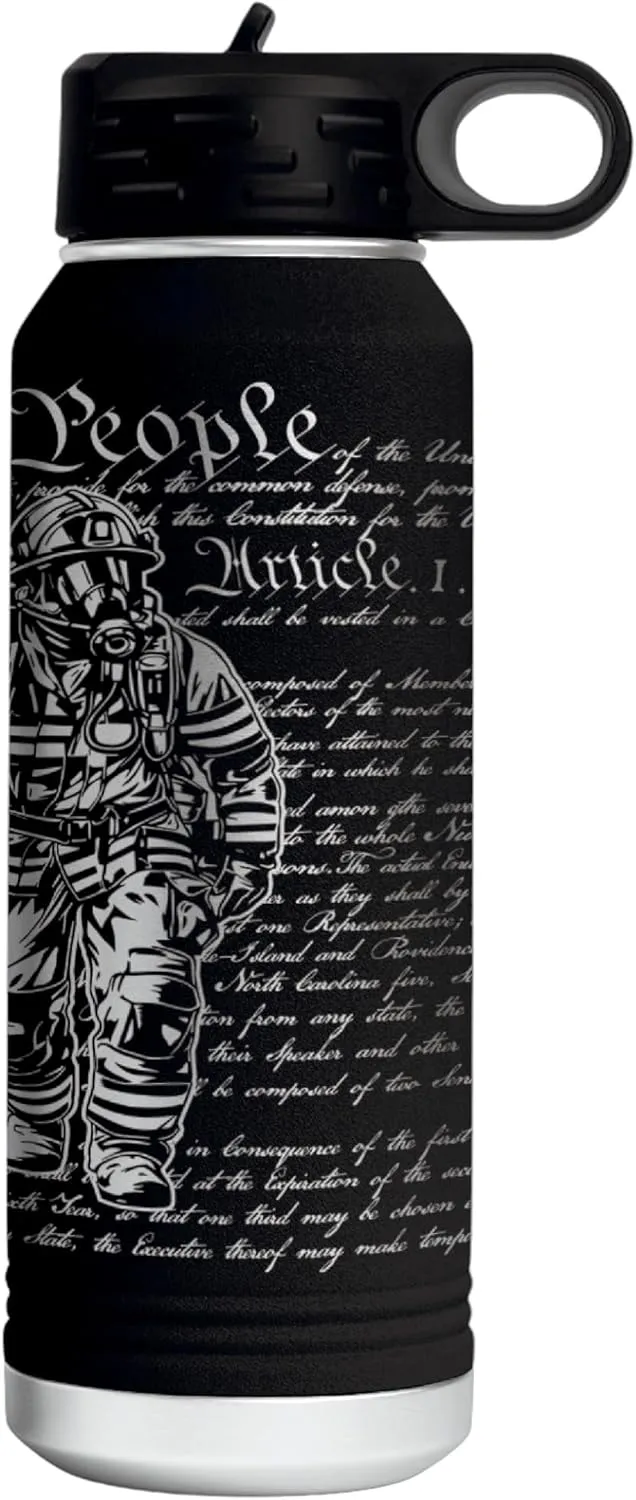 Firefighter 32 Ounce American Flag Double Walled Stainless Steel Insulated 32oz Water Bottle – Full 360 Degree Engraving – Engraved in USA Fireman Gift