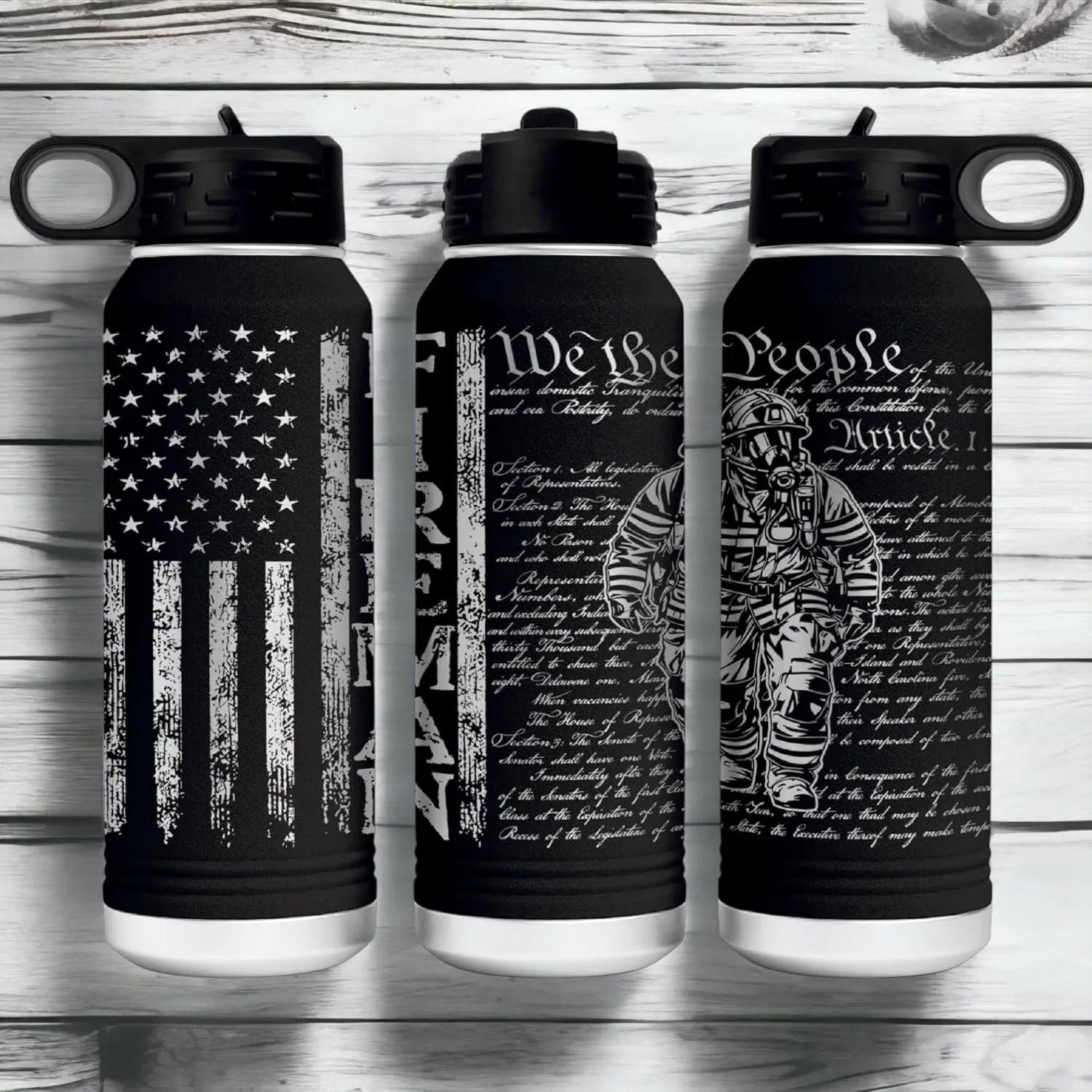 Firefighter 32 Ounce American Flag Double Walled Stainless Steel Insulated 32oz Water Bottle – Full 360 Degree Engraving – Engraved in USA Fireman Gift