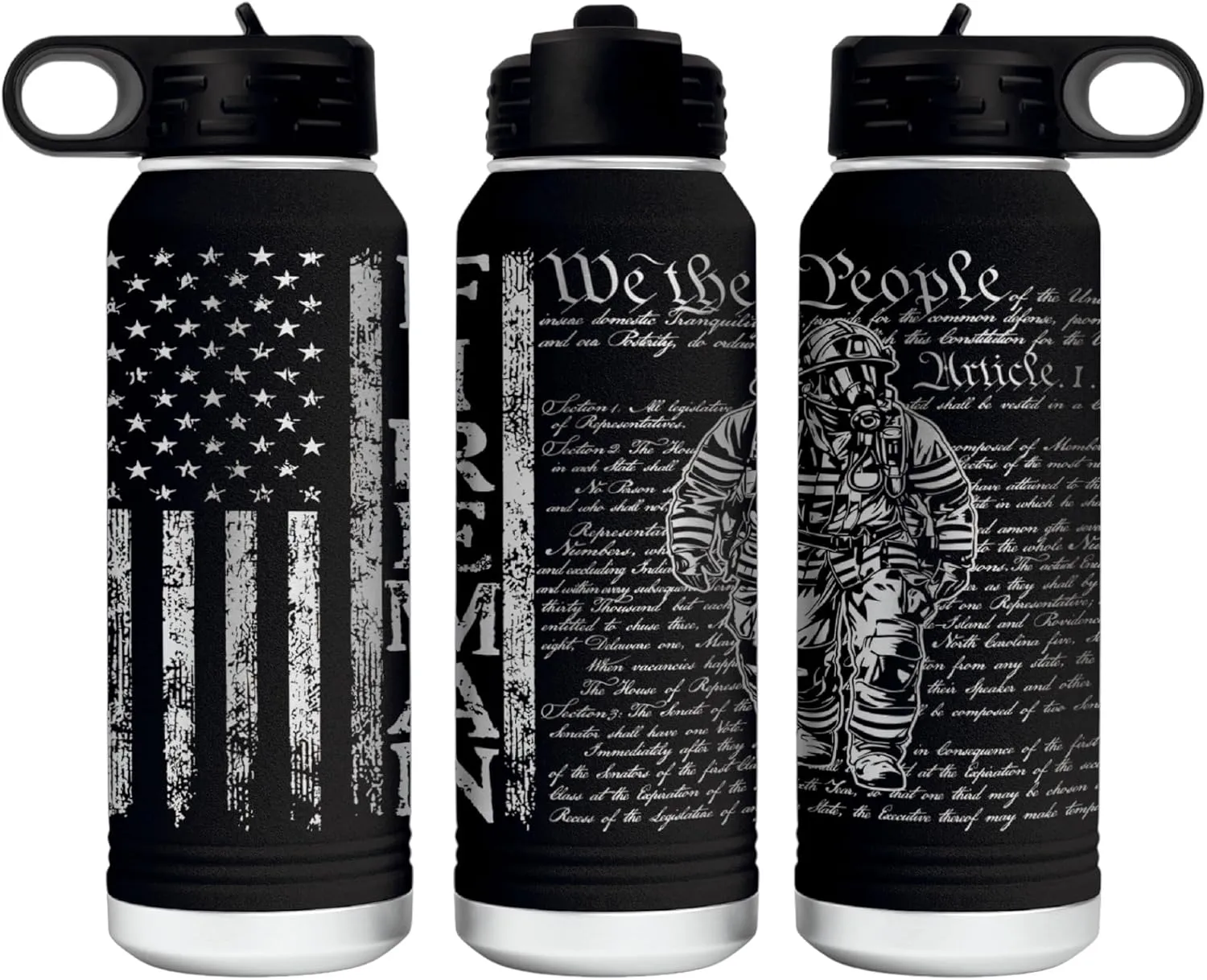 Firefighter 32 Ounce American Flag Double Walled Stainless Steel Insulated 32oz Water Bottle – Full 360 Degree Engraving – Engraved in USA Fireman Gift