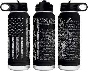 Firefighter 32 Ounce American Flag Double Walled Stainless Steel Insulated 32oz Water Bottle – Full 360 Degree Engraving – Engraved in USA Fireman Gift