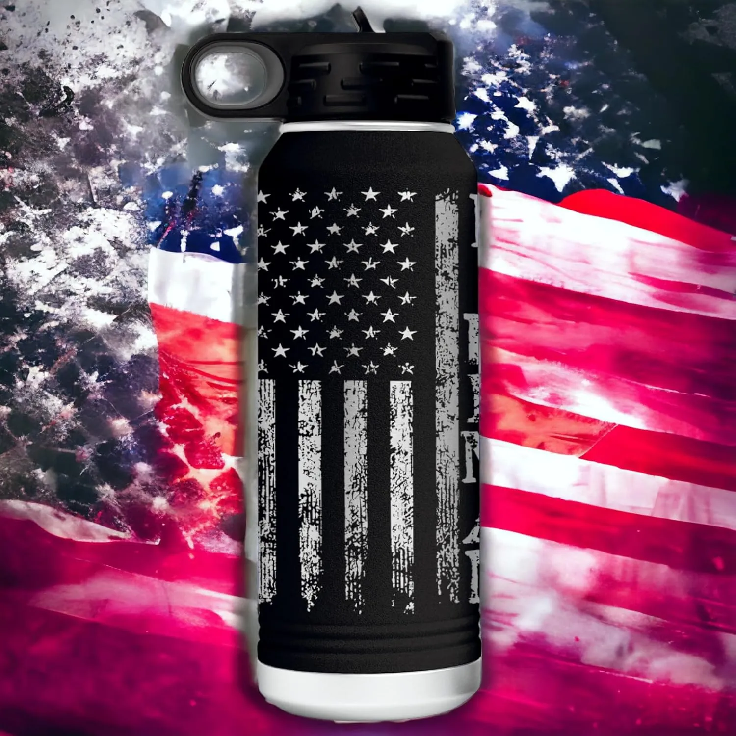Firefighter 32 Ounce American Flag Double Walled Stainless Steel Insulated 32oz Water Bottle – Full 360 Degree Engraving – Engraved in USA Fireman Gift