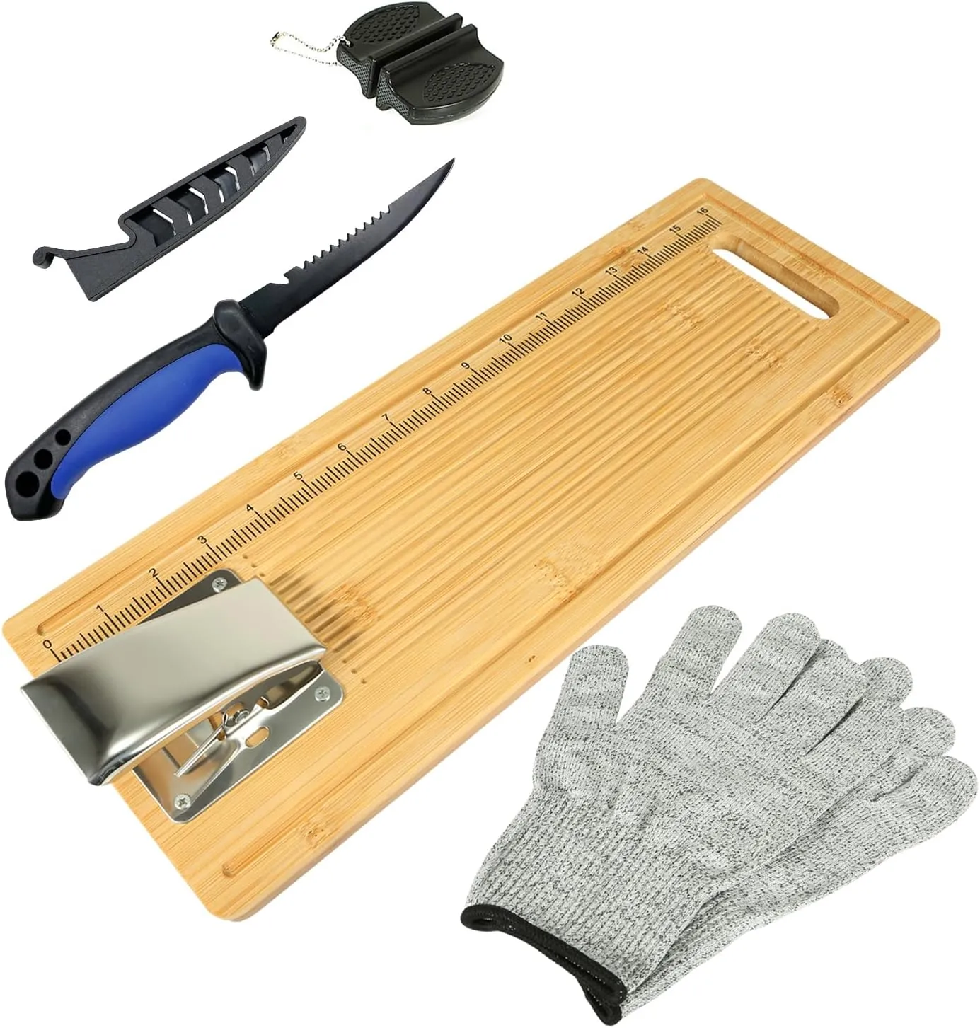 Fish Cleaning Board, Fish Fillet Board with Clamp Fillet Knife and Gloves, Portable Fishing Measuring Board 18 inches, Fish Cleaning Kit Gifts for Fishing Man Woman