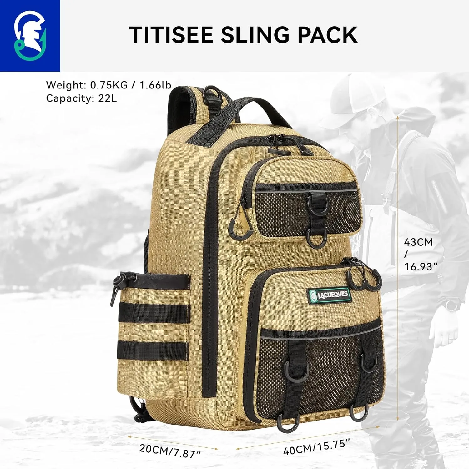 Fishing Tackle Bag Professional Fly Sling Fishing Bag,Fishing Crossbody Backpack 22L –Multi-Hook Design, Rod Holder, Insulated Cup Pocket, 3x3700 Tackle Box Capacity