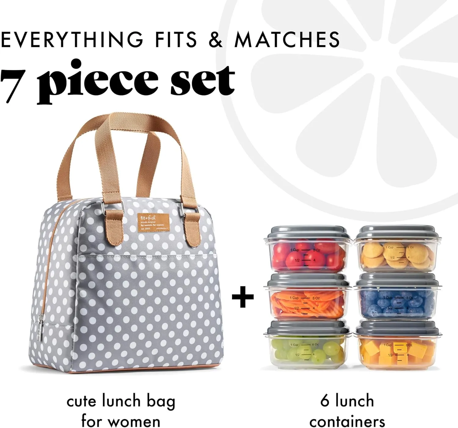 Fit & Fresh Lunch Bag For Women, Insulated Womens Lunch Bag For Work, Leakproof & Stain-Resistant Large Lunch Box For Women With Containers, Zipper Closure Minneola Bag Grey Dot
