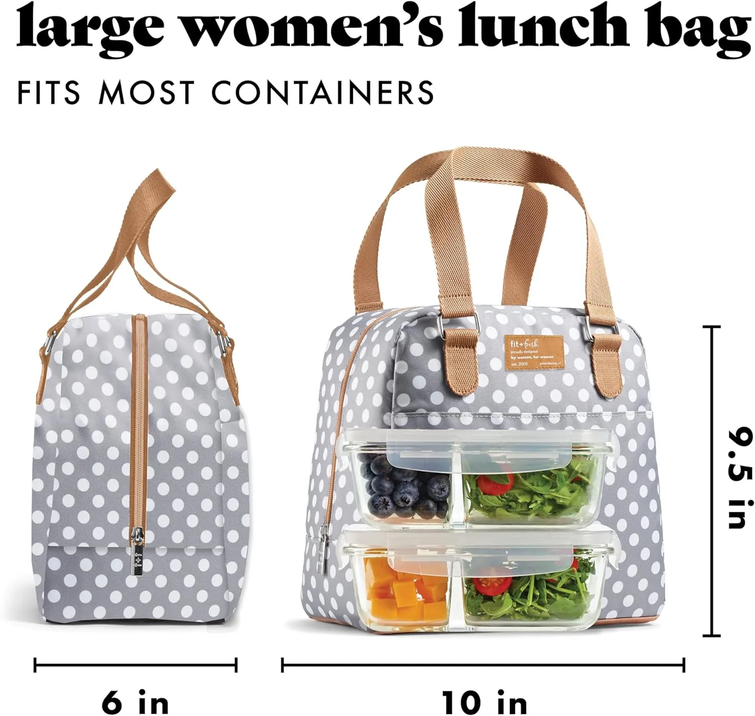 Fit & Fresh Lunch Bag For Women, Insulated Womens Lunch Bag For Work, Leakproof & Stain-Resistant Large Lunch Box For Women With Containers, Zipper Closure Minneola Bag Grey Dot
