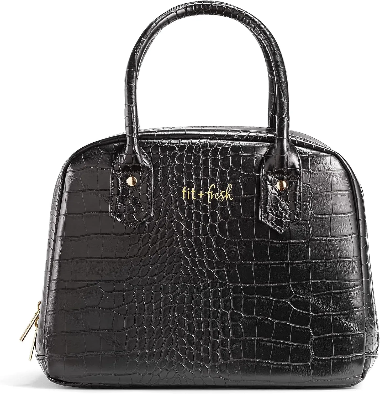 Fit & Fresh Lyon Luxe Lunch Bag For Women, Insulated Womens Lunch Bag For Work, Leakproof & Stain-Resistant Large Lunch Box For Women, Faux Croc Leather, Black