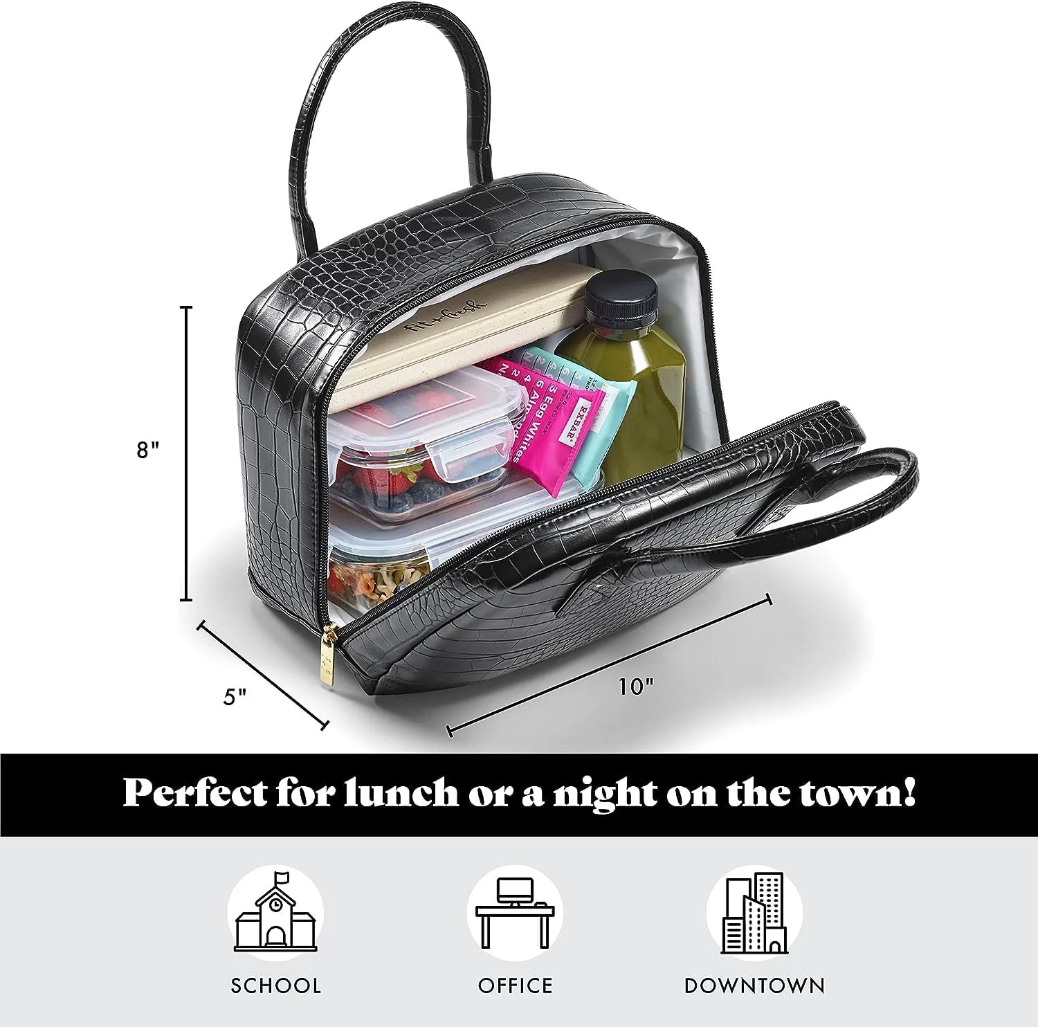 Fit & Fresh Lyon Luxe Lunch Bag For Women, Insulated Womens Lunch Bag For Work, Leakproof & Stain-Resistant Large Lunch Box For Women, Faux Croc Leather, Black